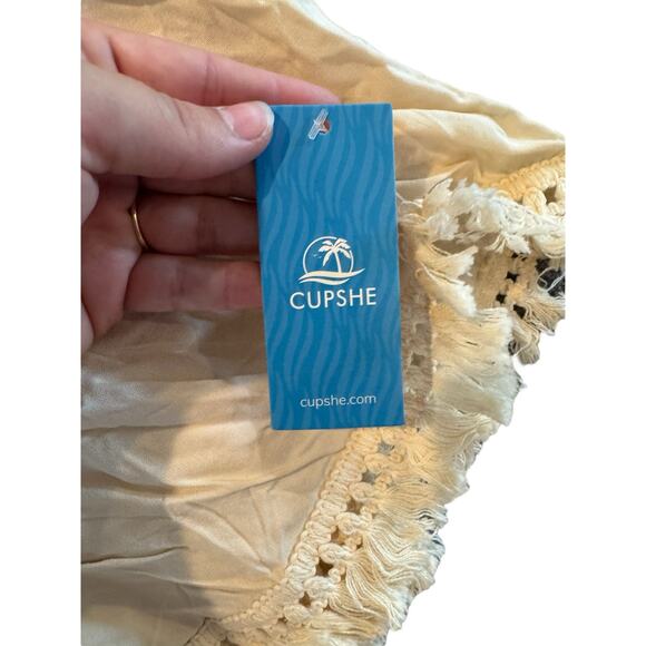 NWT Cupshe Boho Tassel Mini Dress M Beige V-Neck Embellished Lined Beach Coverup - Picture 8 of 12